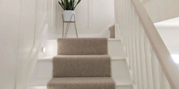 Striped carpet going up Victorian stairs